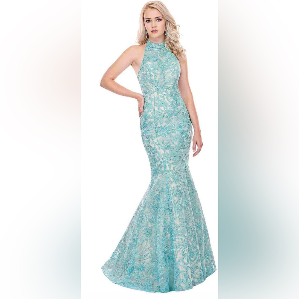 Elegant Aqua Halter Mermaid Gown